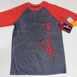 🔥Boys' Spider-Man Short Sleeve Rash Guard Swimsuit Top - Gray sz Large 8-10